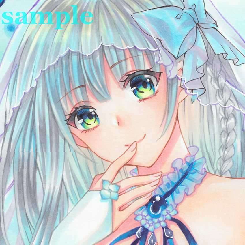 ら*な様 手描きイラスト原画【紫陽花娘】 オリジナル【紫陽花と蝶】銀髪の女の子 手描きイラスト A4(手描き