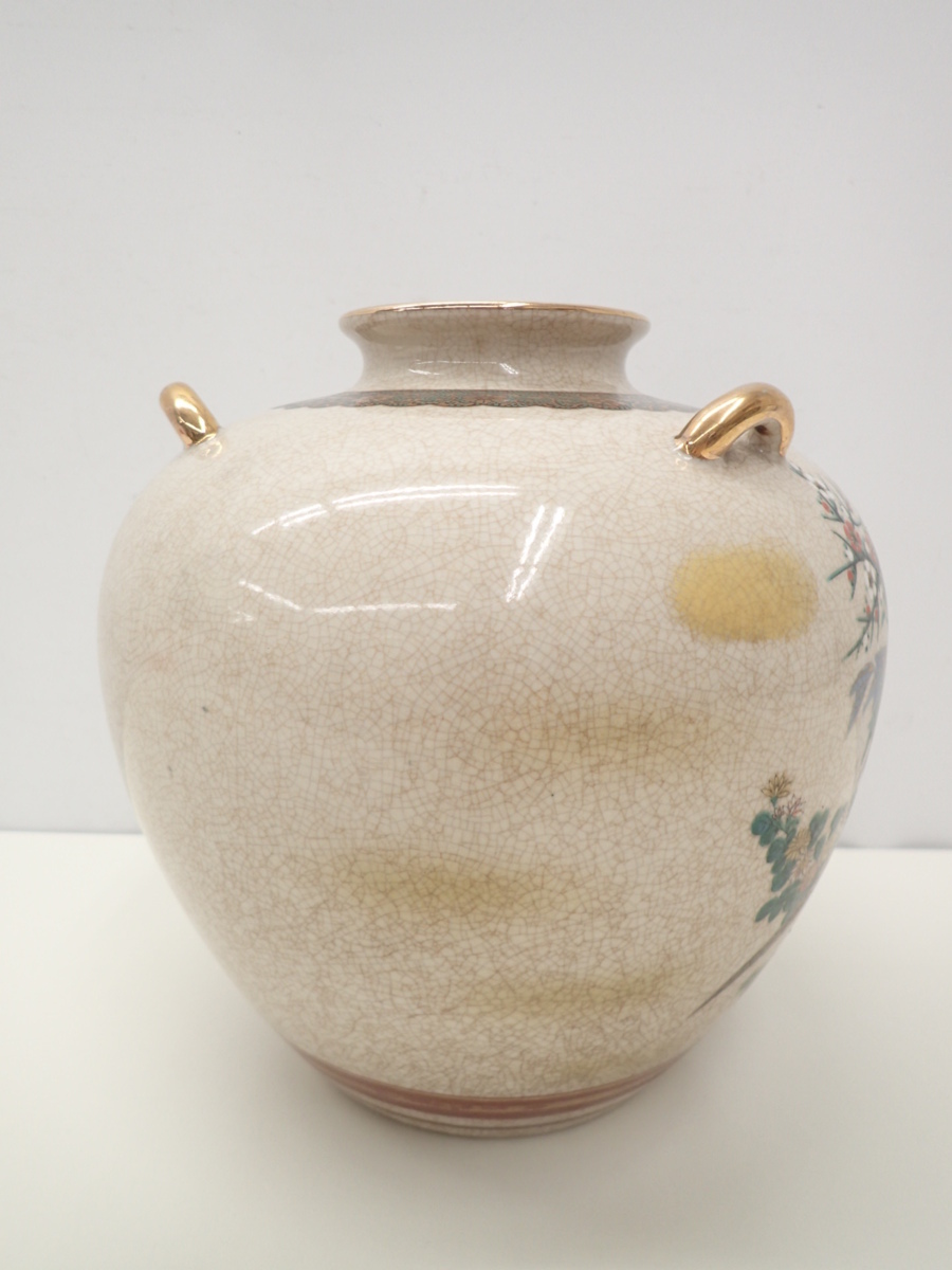 薩摩焼 丸に十字紋 色絵 金彩 花瓶 花生 壺 花鳥紋 華道具 飾壺