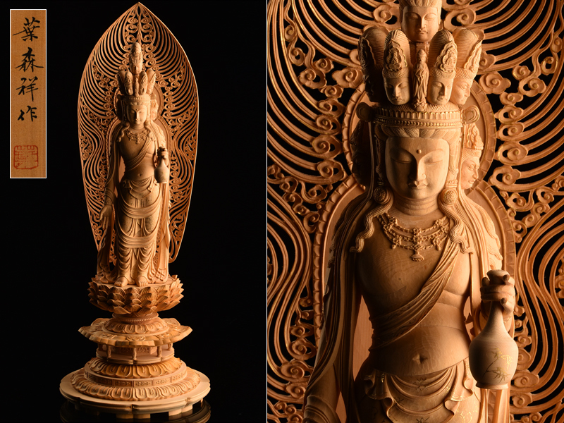 流】仏教美術 葉森祥作 木彫金彩国宝十一面観音像 高61cm KA522 彫刻
