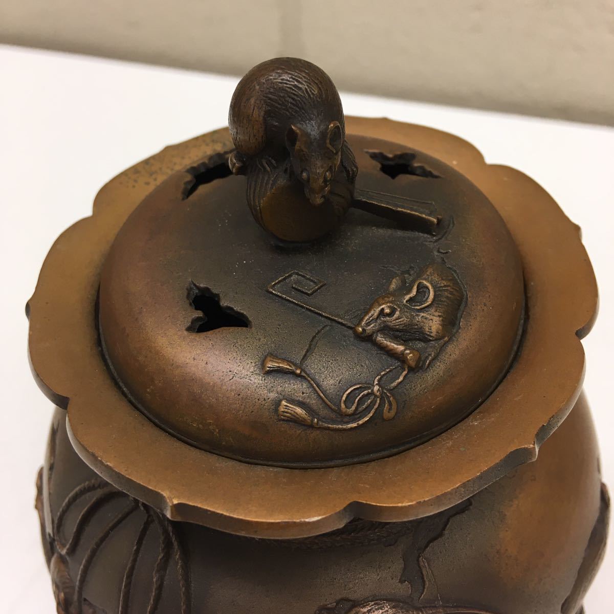 TB526村田宏 香炉 約1350g◇高岡銅器/在銘/ブロンズ銅製/鼠小槌摘み/象
