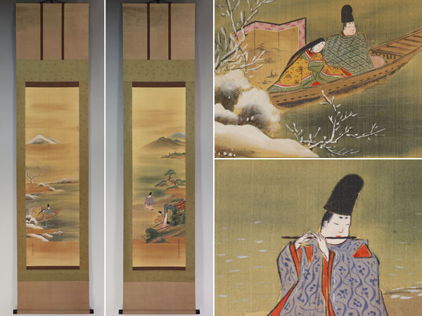 名品【真作】土佐光孚【双幅・源氏絵巻図】◆絹本◆合箱◆掛軸 v06027