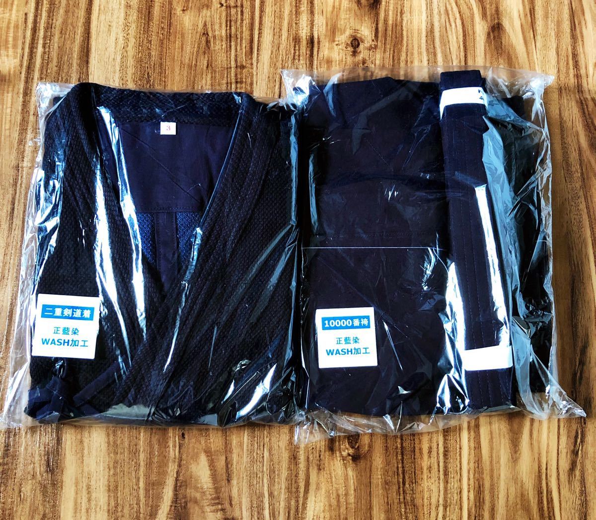 新品　剣道　WASH加工　藍染　二重軽量　剣道着　3号　10000番　袴　24号　1セット