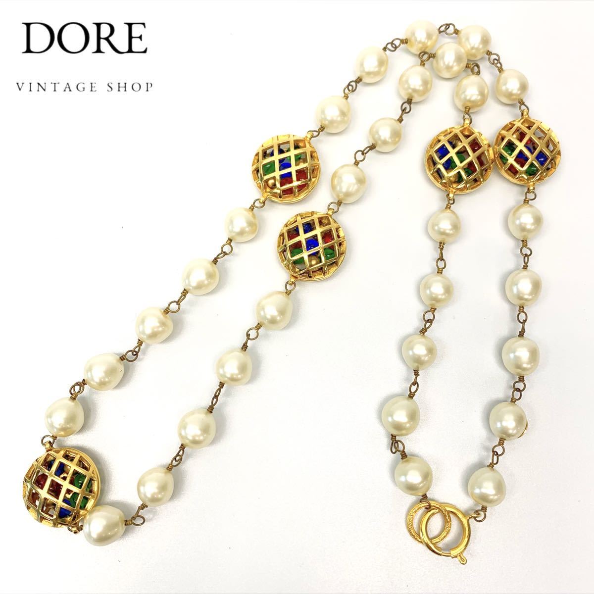 【セール，2026】 CHANEL シャネル フェイクパール インゲージストーン青/赤/金/緑 ネックレス GP ゴールド ブルー レッド グリーン vintage ヴィンテージ(ネックレス、ペンダント、チョーカー)｜売買されたオーク ネックレス、ペンダント、チョーカー