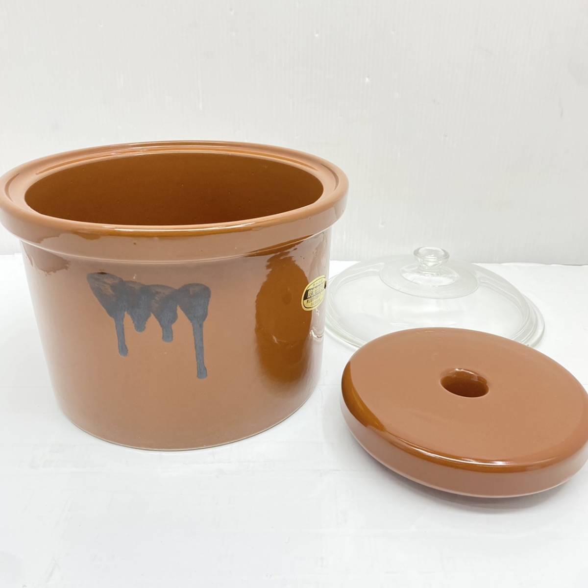 常滑焼 かめ ガラス蓋付 漬物容器 久松窯 おふくろ アメ釉 4.4L の通信