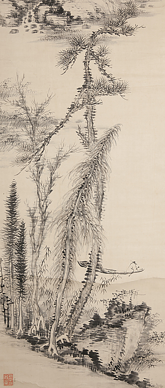 真作⁄田能村直入⁄桃林山水図⁄色紙サイズ⁄掛軸☆