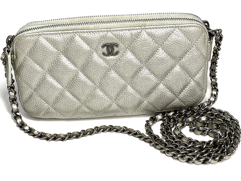A588】良品 シャネル/CHANEL マトラッセ キャビアスキン シルバー