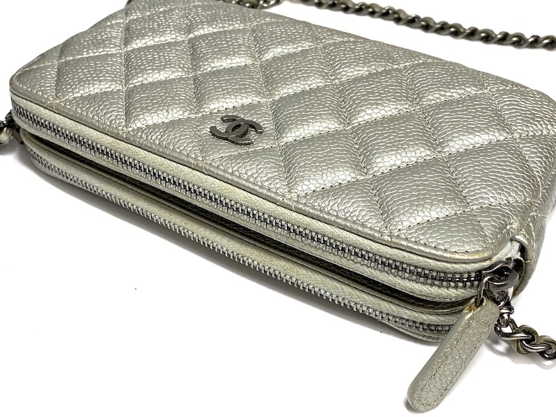 A588】良品 シャネル/CHANEL マトラッセ キャビアスキン シルバー