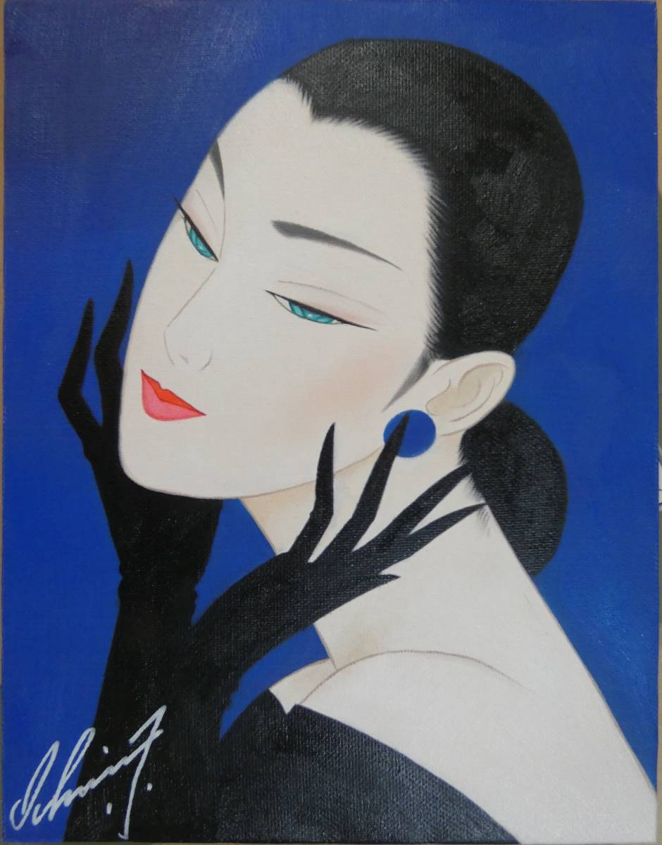 油絵 人物　額付き　鹤田一郎　 F6 【　美人像　】手描き 手描き作品 F6号 有名な作家 鶴田一郎 油彩『美人画 、彩』 額装品