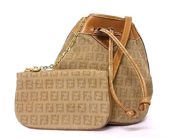 1円 FENDI フェンディ ズッカ柄 キャンバス×レザー 巾着型 ポーチ付き 