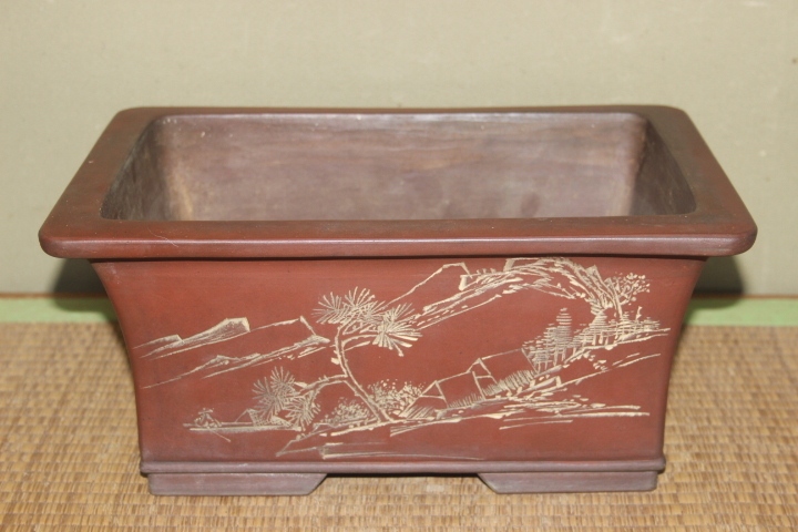 中国古盆器】間口35cm 朱泥釘彫花鳥絵図外縁長方鉢 中国宜興 【公式通販】