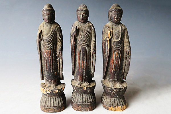 真美 T1287 時代物 木彫観音菩薩弥勒 三体 まとめて 仏教美術(仏像)｜売買