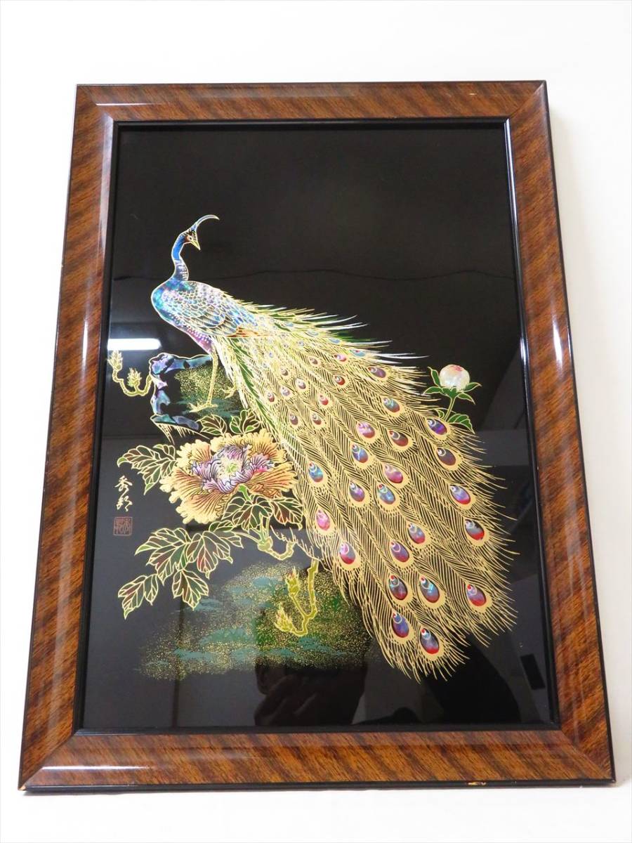 東京書芸館公式通販 崔台文 吉祥螺鈿画『孔雀牡丹図』額装 | - 螺鈿