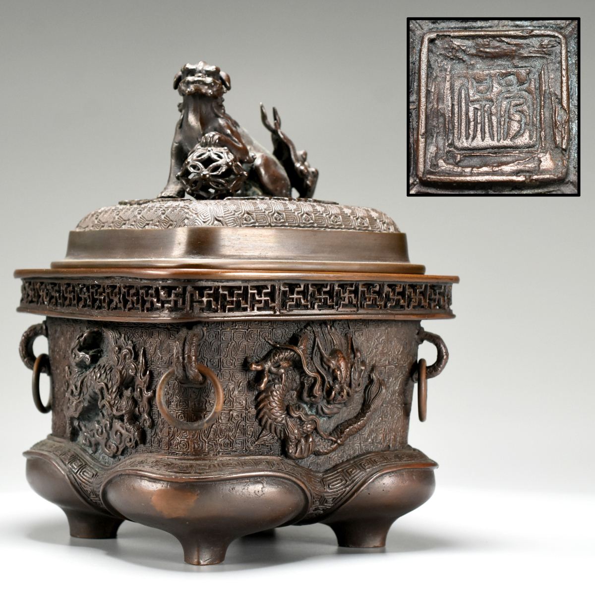 古多・金工品特集】「米田秀保」蝋型鋳銅 四陣香炉 c59◇在銘/古美術 