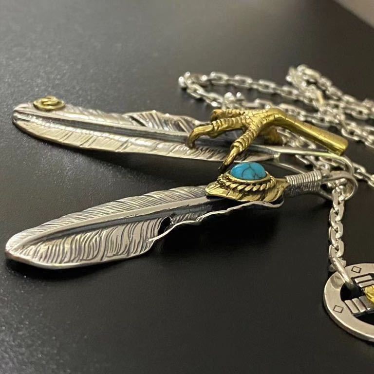 シルバー925素材製 特大金爪フェザー ターコイズフェザー ダブル 
