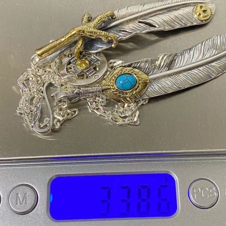 シルバー925素材製 特大金爪フェザー ターコイズフェザー ダブル 