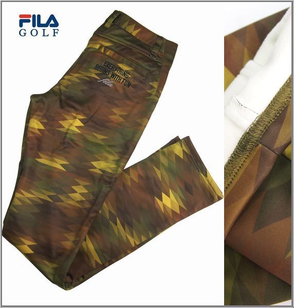 新品 秋冬 FILA GOLF フィラゴルフ 防寒 厚手 裏起毛 ゴルフウェア ストレッチ 3層ボンディングパンツ 総柄 メンズ LL カーキ
