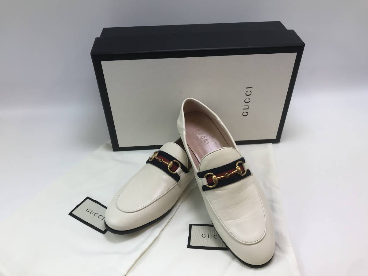 ☆GUCCI グッチ　ウェブ付き ウィメンズ ローファー　シューズ　レディース　36.5（23.5サイズ）ホワイトレザー　シューズ 靴 ♯153119-44