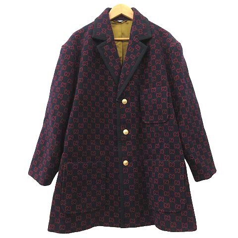 未使用品 グッチ GUCCI タグ付き 20AW GG柄 ジャガード ジャケット ウール コート イタリア製 国内正規 54 XLサイズ 紺 ネイビー メンズ