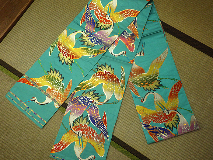 ☆龍村平蔵製 アンティーク丸帯 日出鶴綴錦 水色地 刺繍 正絹 未使用