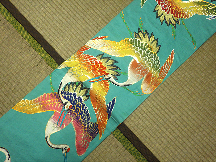 ☆龍村平蔵製 アンティーク丸帯 日出鶴綴錦 水色地 刺繍 正絹 未使用
