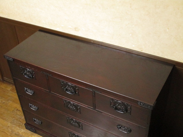 逸品 浅川家具 欅材 中桐 牡丹文金具 民芸 箪笥 鍵付き/整理タンス