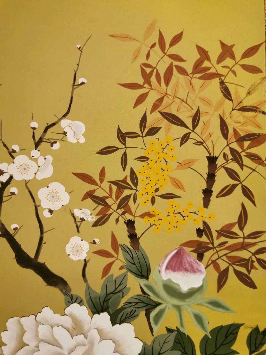 門八】 玉泉 「四季花」 絹本 肉筆 花図 日本画 絵画 梅 南天 牡丹 菊