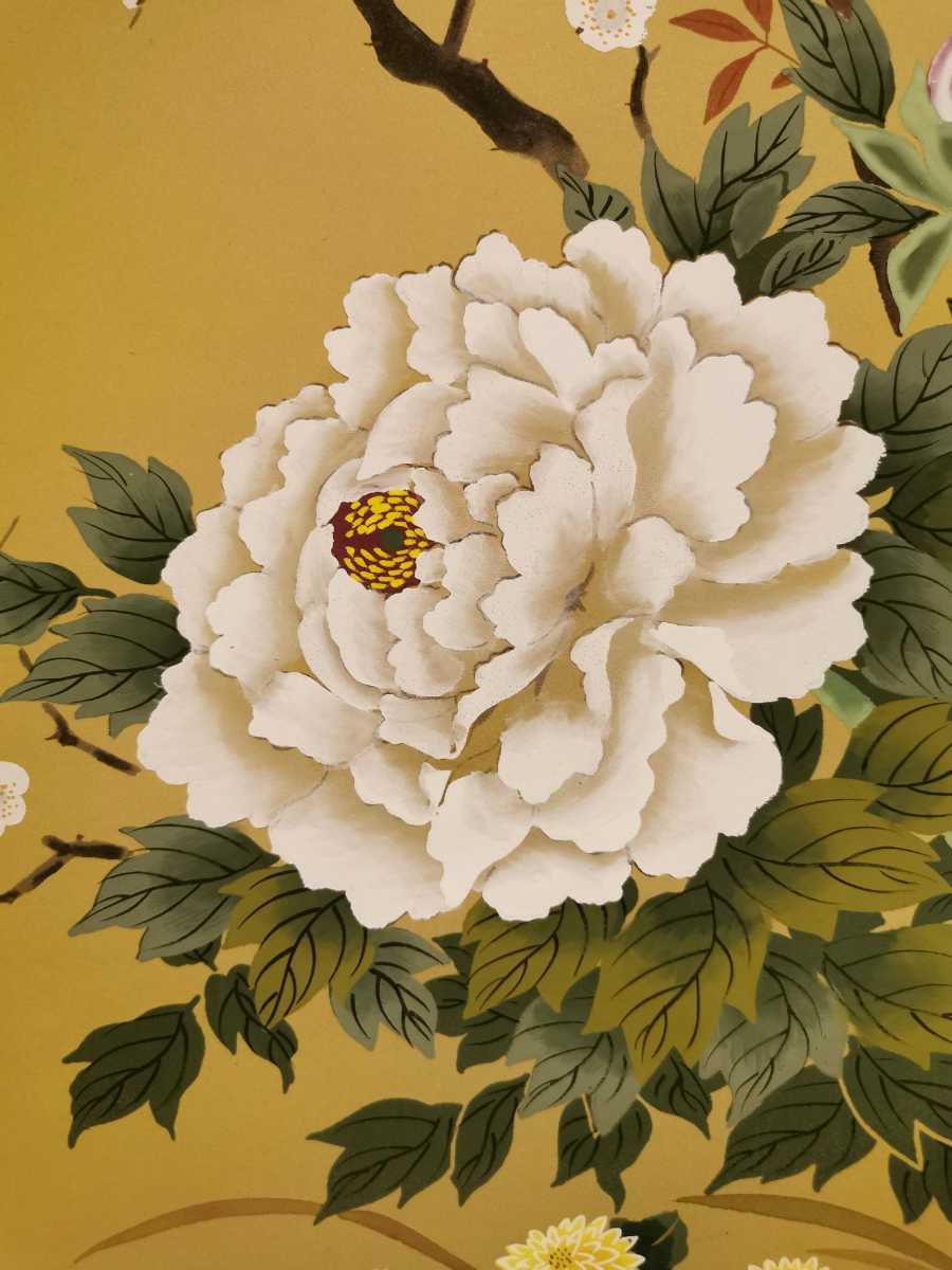 門八】 玉泉 「四季花」 絹本 肉筆 花図 日本画 絵画 梅 南天 牡丹 菊