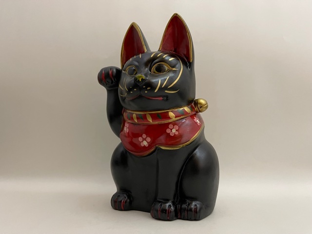 黒猫 置物 風水 黒猫 うさぎ猫 招き猫 右手 21cm 検索 縁起物 陶器 猫