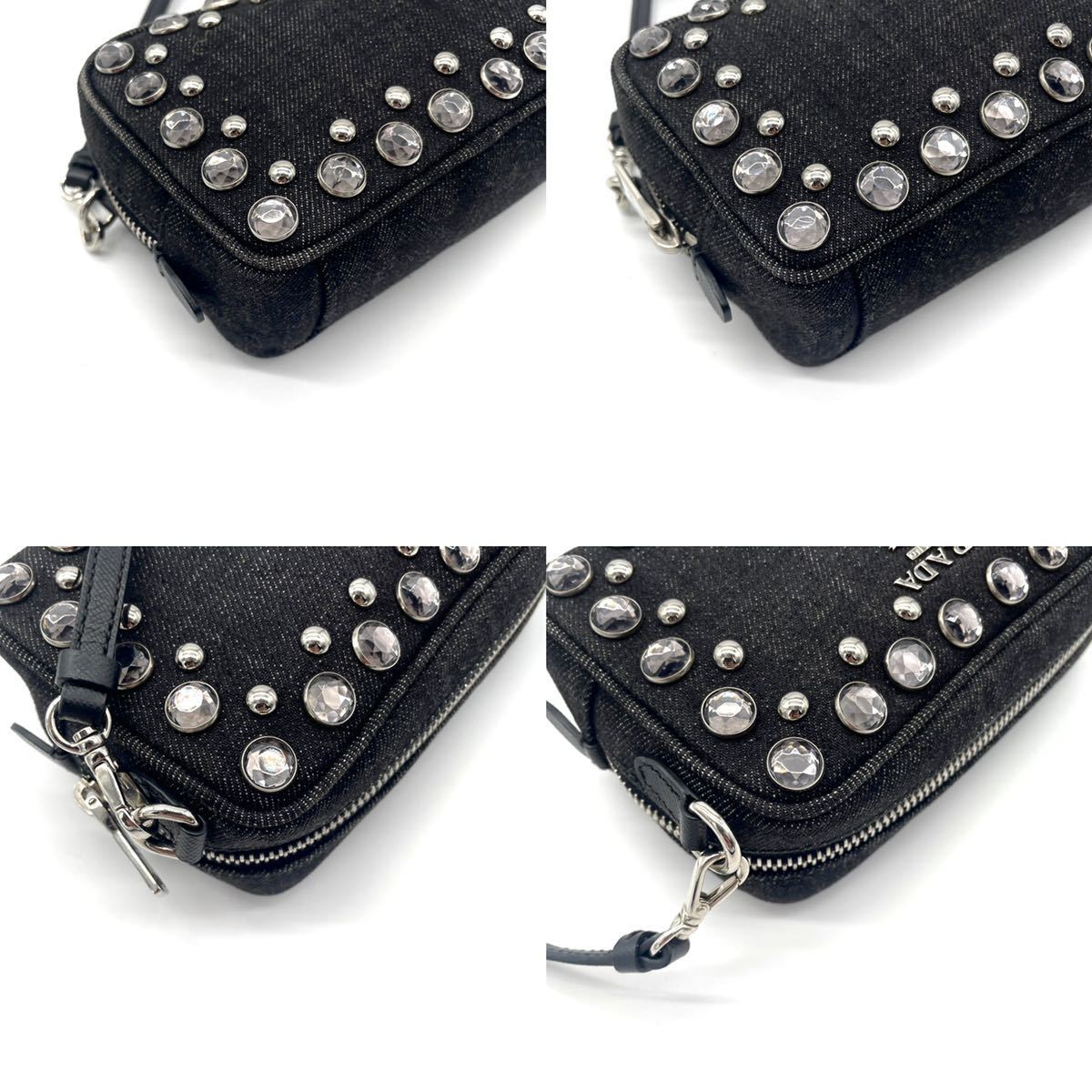 1円 【究極の極美品】 PRADA プラダ ビジュー ショルダーバッグ デニム 