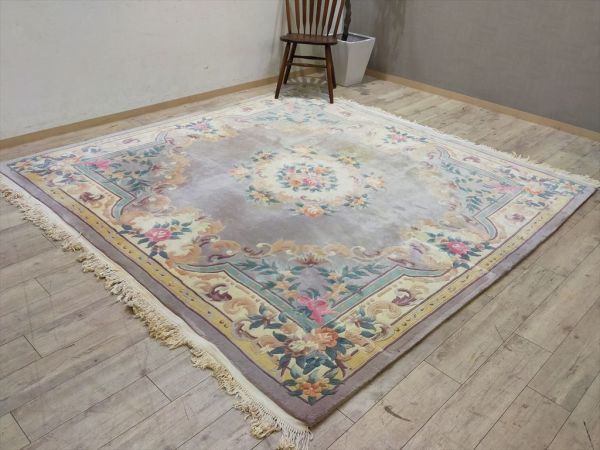大判！高級中国段通 247×247cm 厚み2cm ウール 花柄 絨毯 カーペット