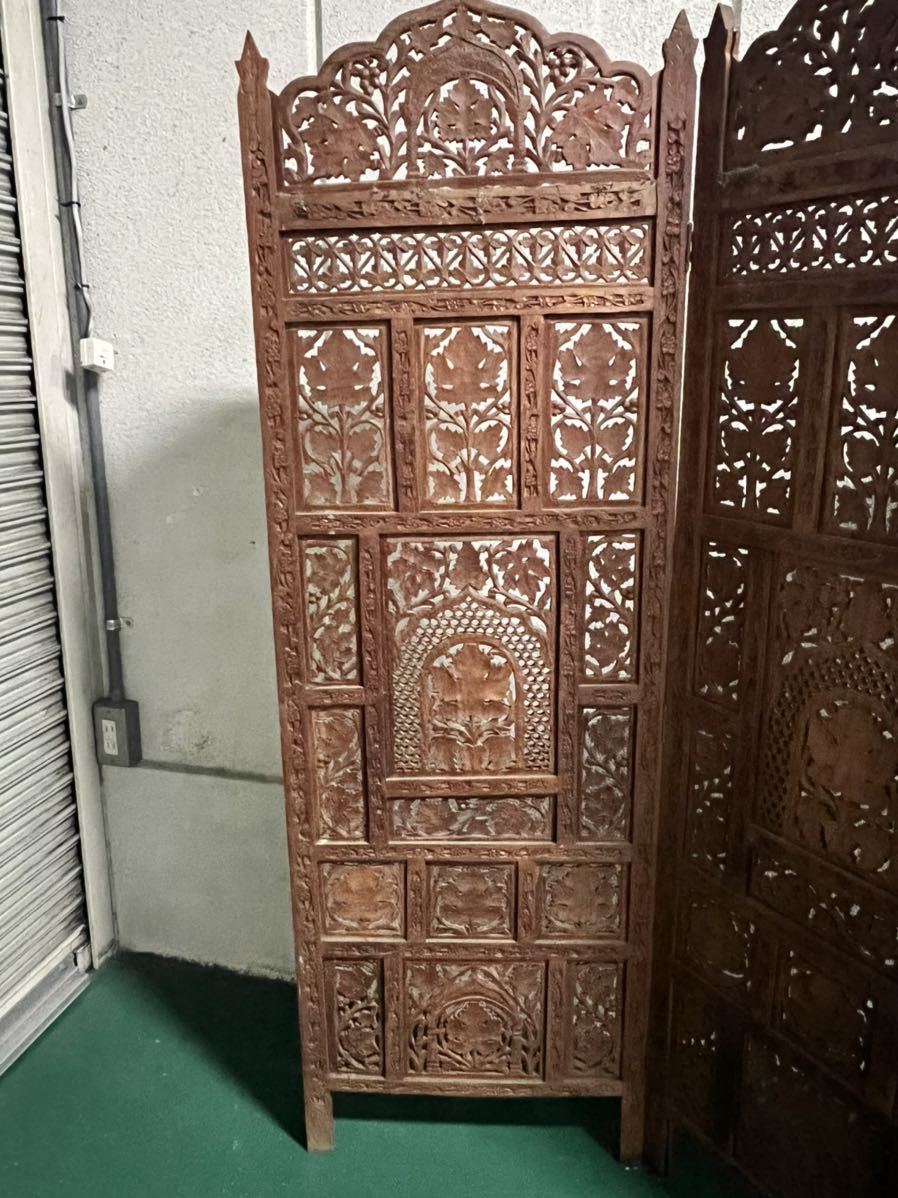 ヤ家財C】アジアン家具 木彫り パーテーション 衝立 折りたたみ式 彫刻 