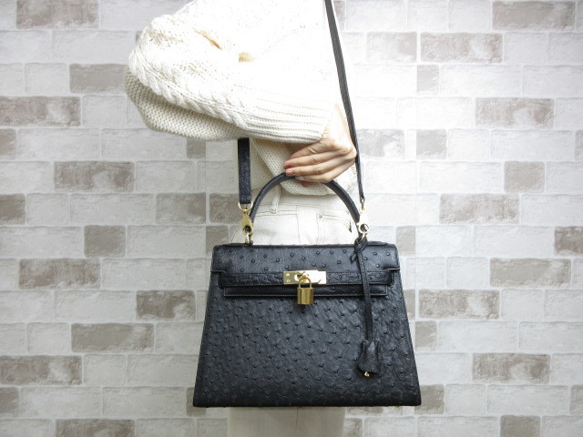 極美品】オーストリッチ黒 ハンドバッグショルダー2way JRA認定 冠婚 