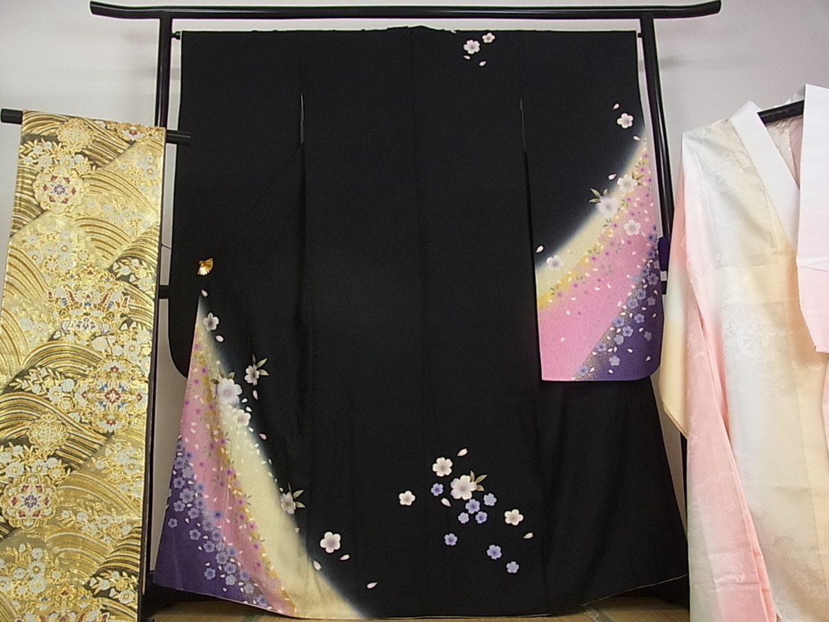 振袖 フルセット6点サイズM〜L駒刺繍鴛鴦花文暈し染め金彩正絹