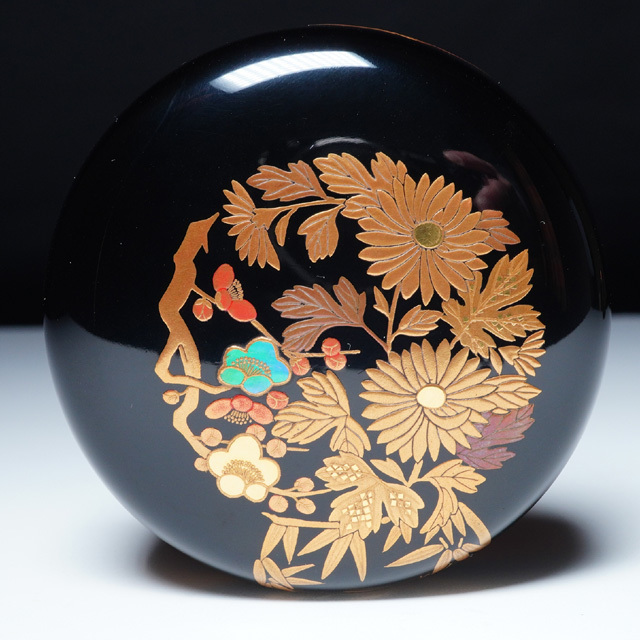 四君子蒔絵 棗 仁斎 作 お茶道具 茶入れ 金銀蒔絵 梨地 共箱 美品