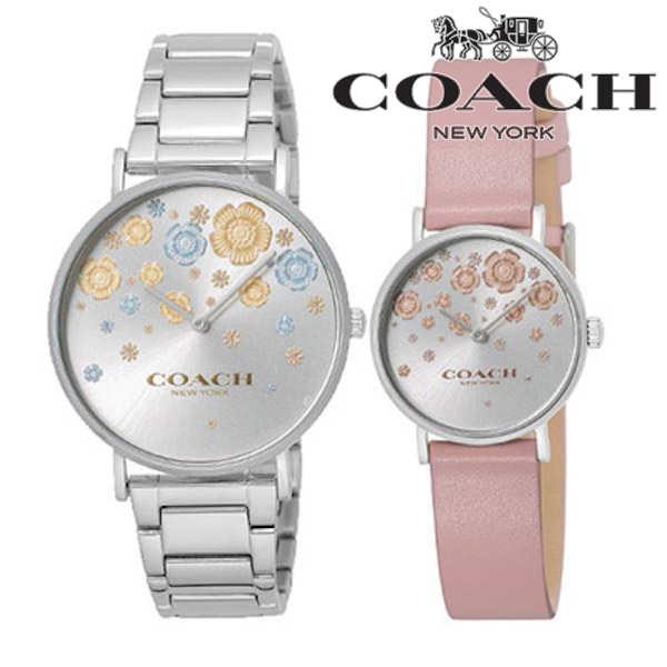 新品】COACHコーチ腕時計レディースステンレスレザーピンクフラワー花