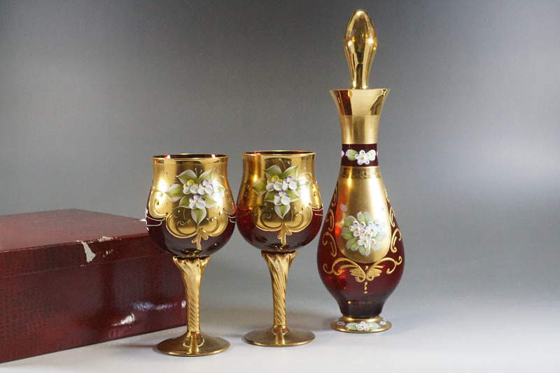 A245◇ベネチアングラス ムラーノ 金彩エナメル盛絵付草花文デキャンタ