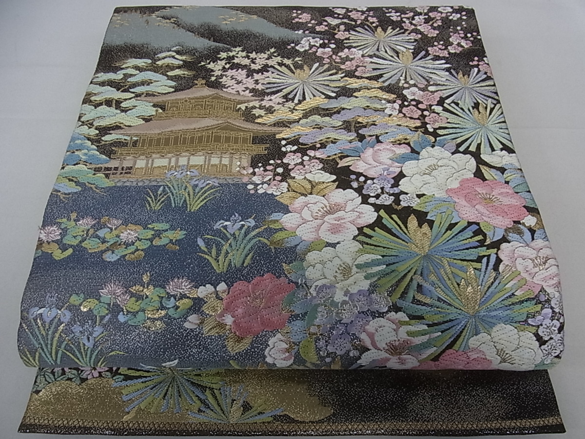 花美人着物□六通柄袋帯 唐織 三景草花図 金閣寺 金糸 逸品 h136 