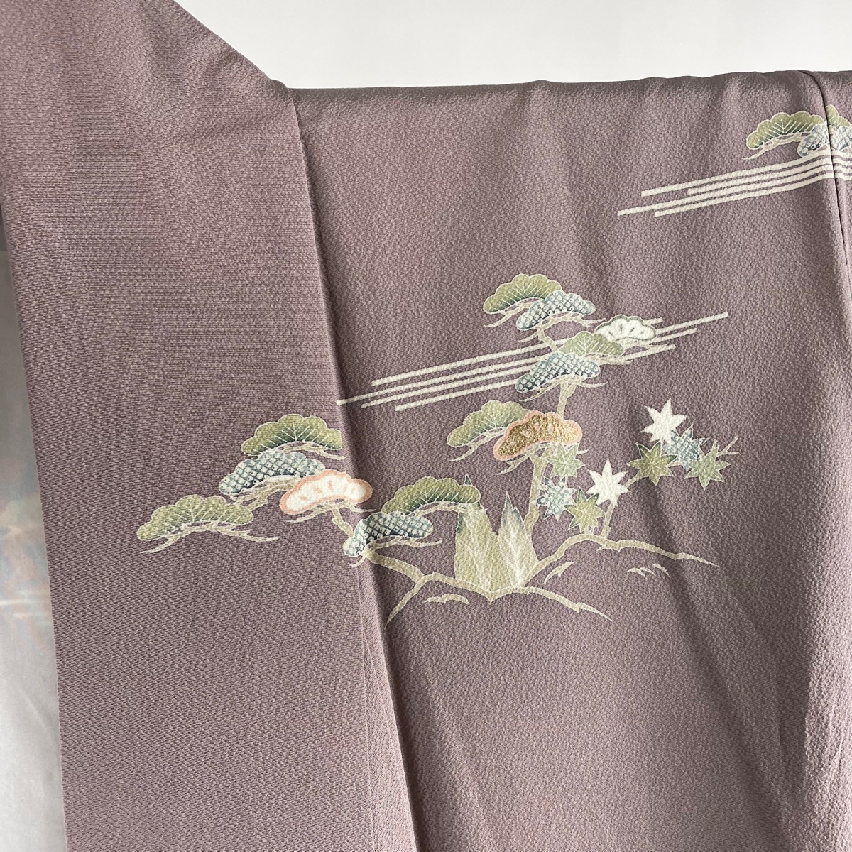 訪問着 名品 松 波 金糸 金彩 灰紫 袷 身丈165cm 裄丈68cm L 正絹 【中古】