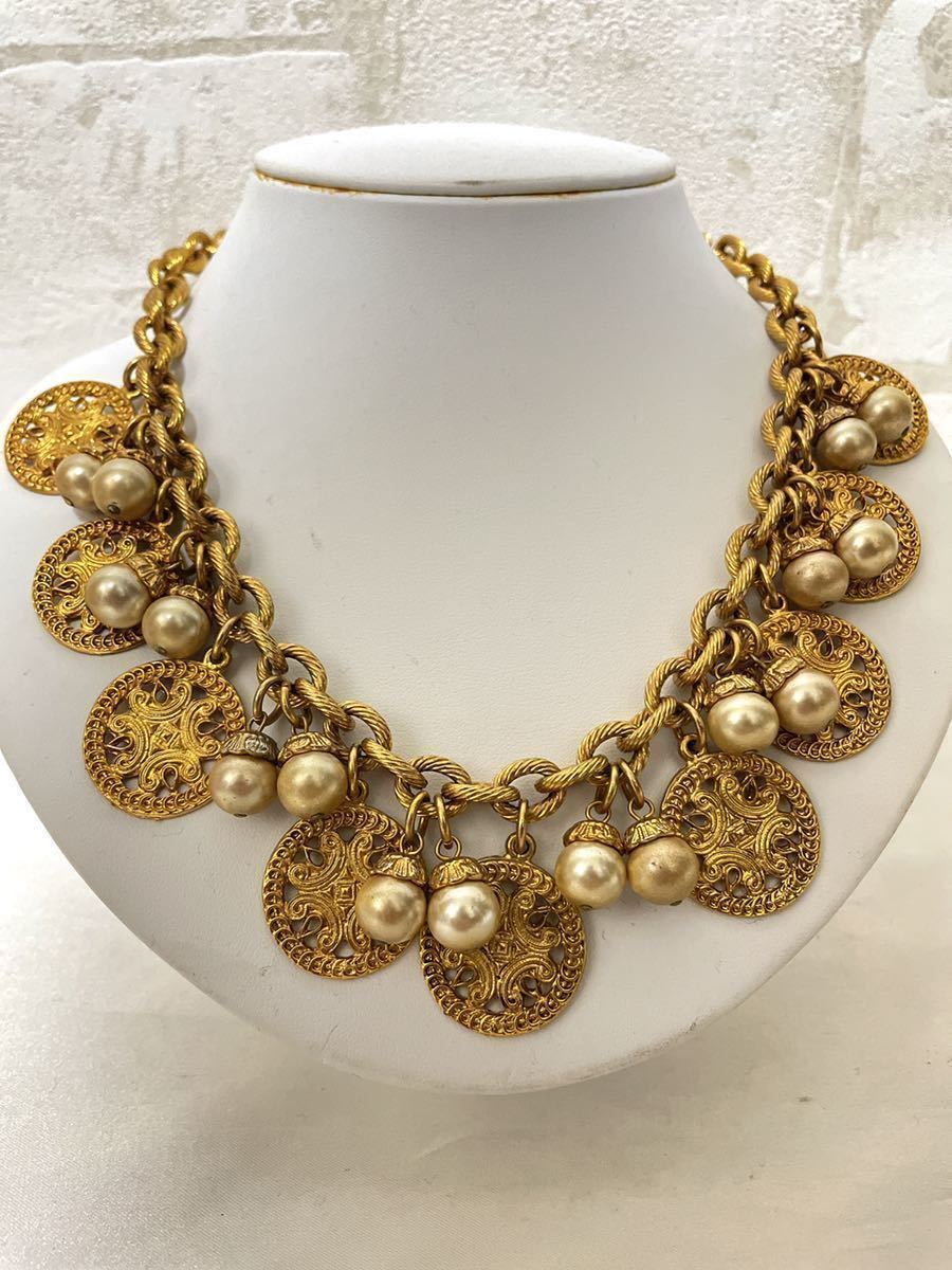 美品 ソニアリキエル ネックレス パール 3連 大ぶり ヴィンテージ 1円～ SONIA RYKIELソニアリキエル ネックレス パール コイン