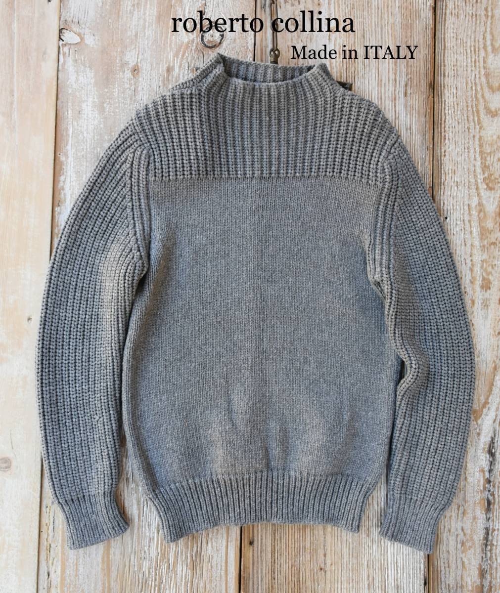 希少 イタリア製 美品 roberto collina ロベルトコリーナ ニット セーター リブ編み ハイネック モックネック ウール100% グレー イタリア製 collina roberto &frasl; イタリア高級ニット クルーネックニット