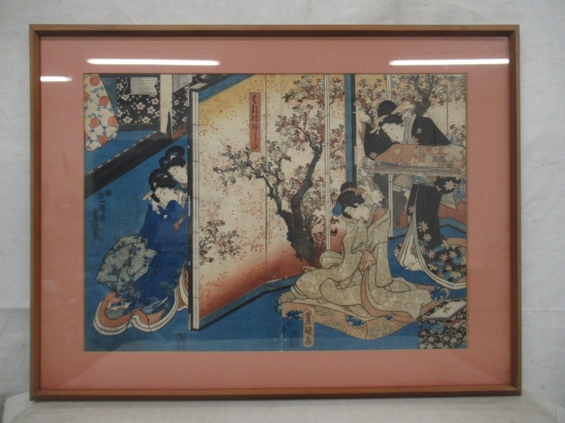 E1150 一陽斎 歌川豊国 美人画 二枚対 木版画 額装 浮世絵 二代歌川