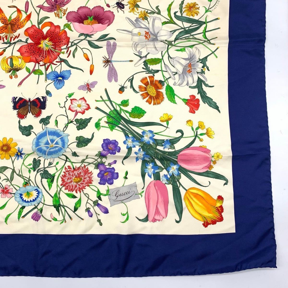 美品 GUCCI グッチ スカーフ 大判 シルク フラワー 花柄 ブルー 美品 GUCCI グッチ スカーフ 大判 シルク フラワー 花柄 ブルー