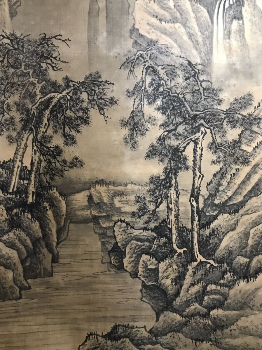 真作] 池田雲樵「清渓緑樹蔭」絹本 真筆肉筆 超大幅 水墨画 山水図 書