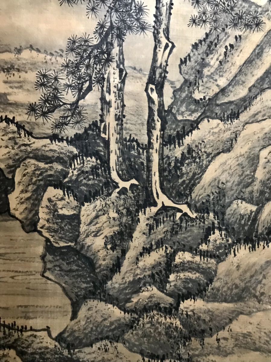真作] 池田雲樵「清渓緑樹蔭」絹本 真筆肉筆 超大幅 水墨画 山水図 書