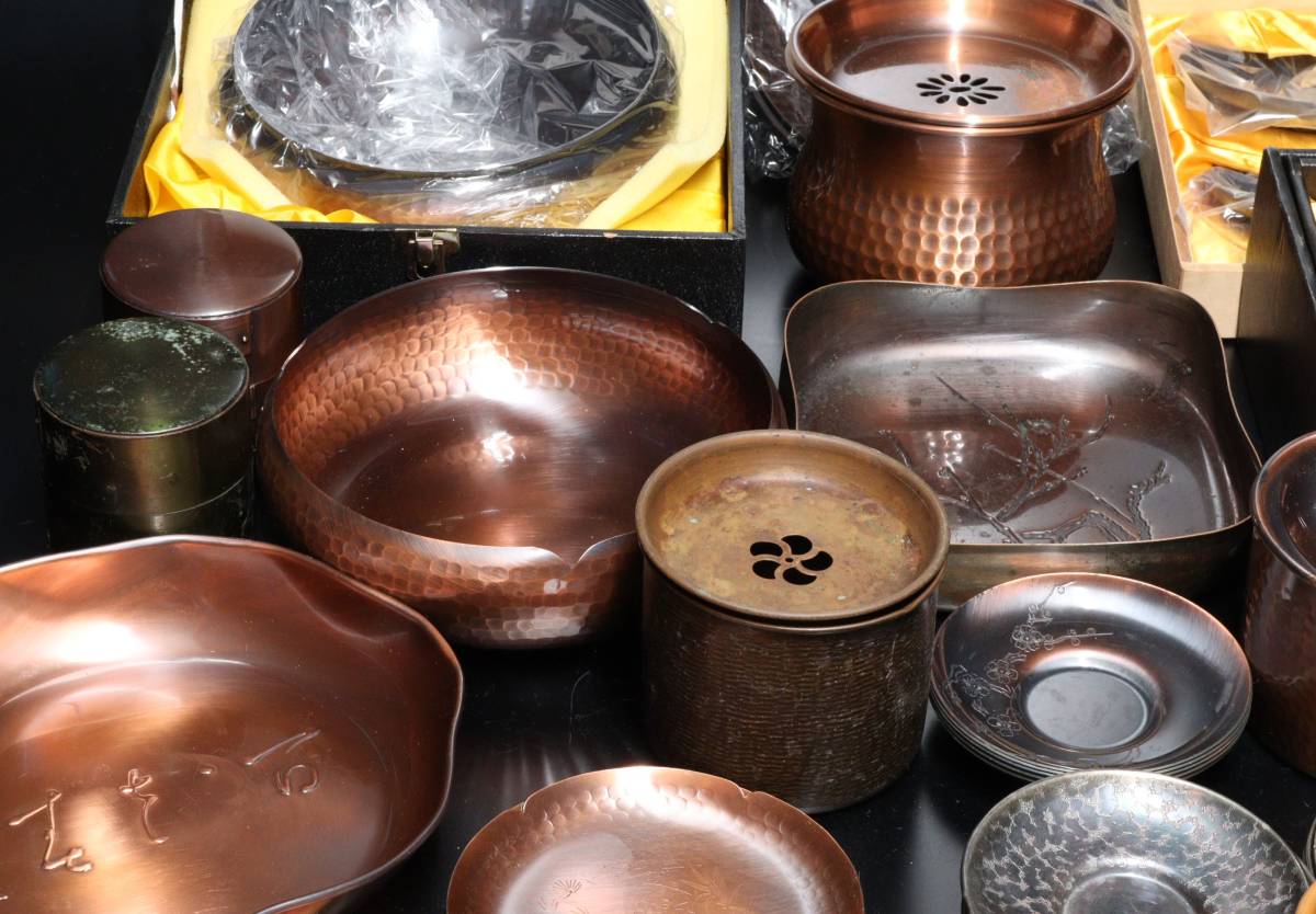煎茶道具 銅製 在銘 茶器 茶筒 建水 菓子器 茶托 茶匙 銘々皿 まとめて 
