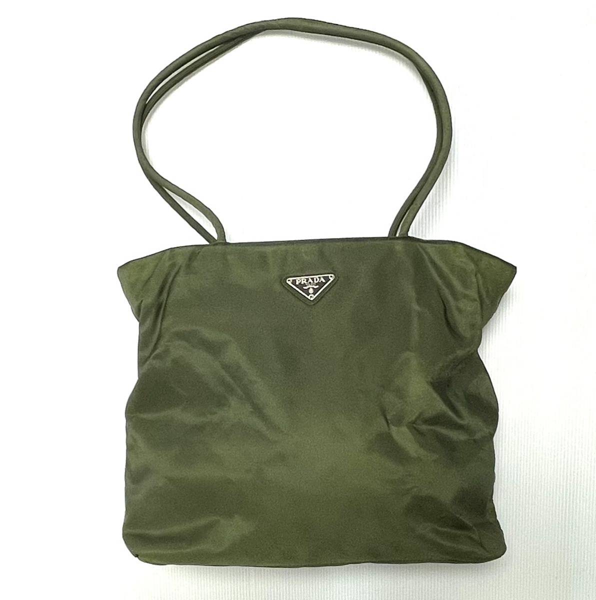 プラダ PRADA ナイロン トートバッグ レザー チェーン カーキグリーン