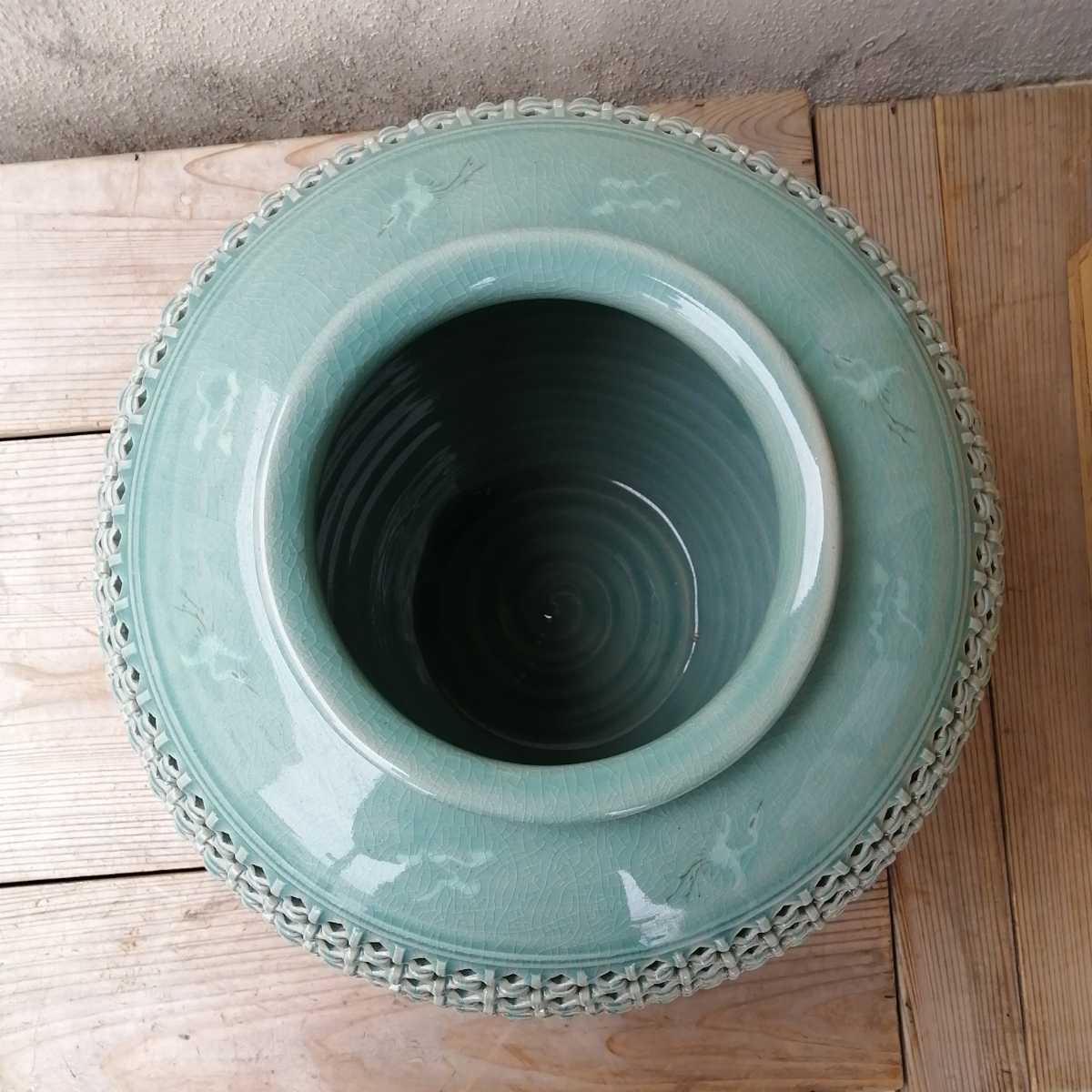 花瓶 壺 韓国 青磁 網目 高麗 飾り壺 花器 高麗青磁 網目透かし 特大