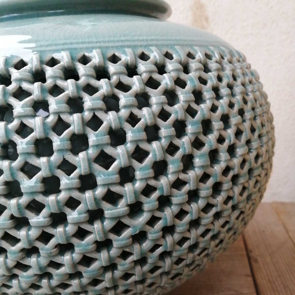 花瓶 壺 韓国 青磁 網目 高麗 飾り壺 花器 高麗青磁 網目透かし 特大