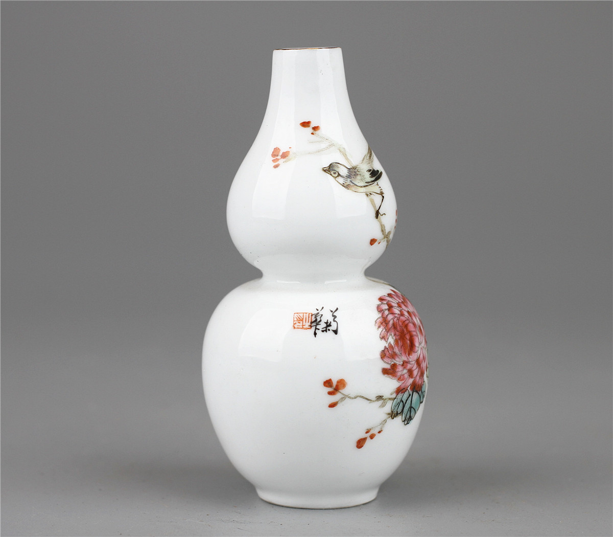 ろ0021i 【民国粉彩】 景徳鎮製 粉彩花鳥文瓢箪小花瓶／状態いい美品