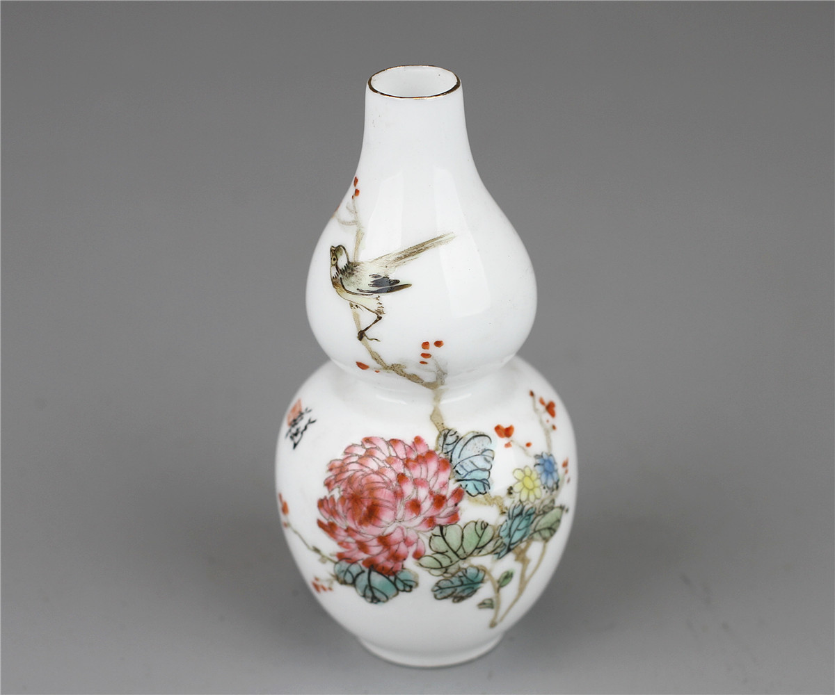 ろ0021i 【民国粉彩】 景徳鎮製 粉彩花鳥文瓢箪小花瓶／状態いい美品